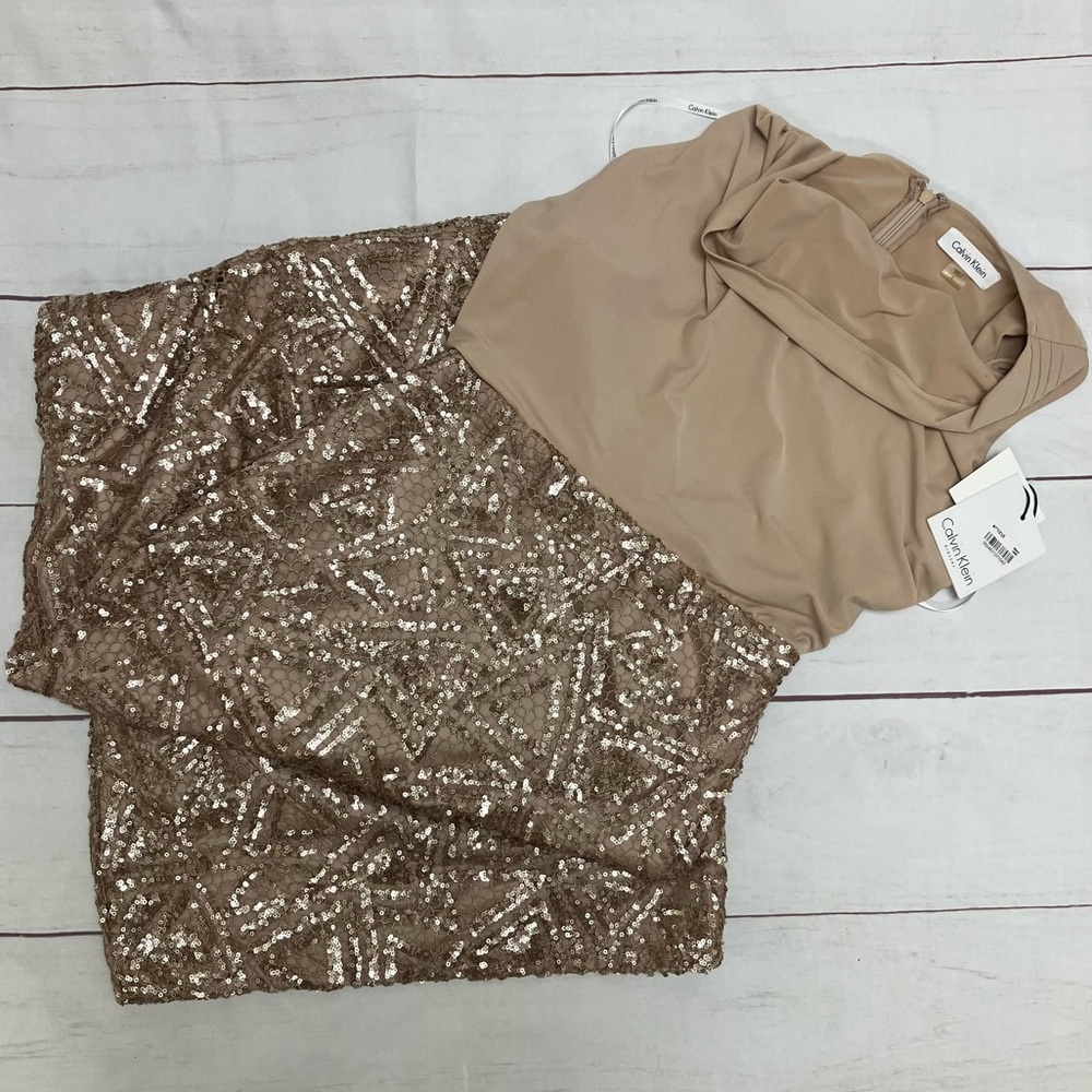 Tan Calvin Kline Sequined Evening Gown